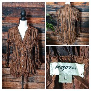 Agora Vintage Blouse Top L Brown Metallic Ruffle Crinkle Rhinestone Steampunk